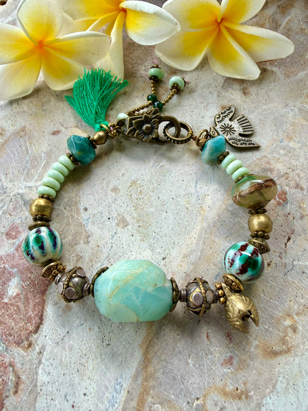 Tibetan Brass Charm Stone Bracelet