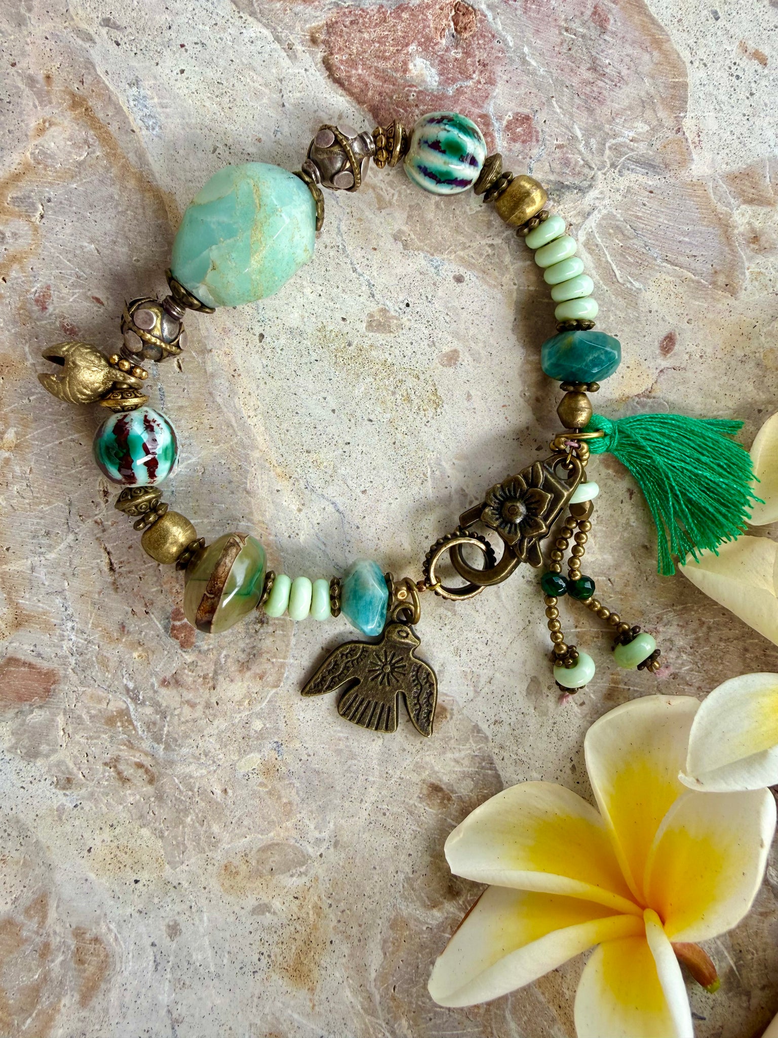 Tibetan Brass Charm Stone Bracelet