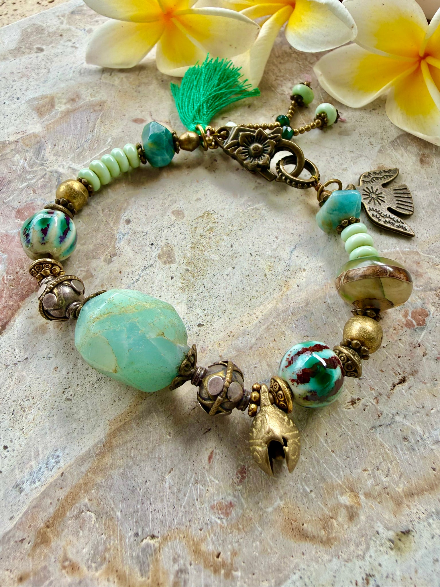 Tibetan Brass Charm Stone Bracelet