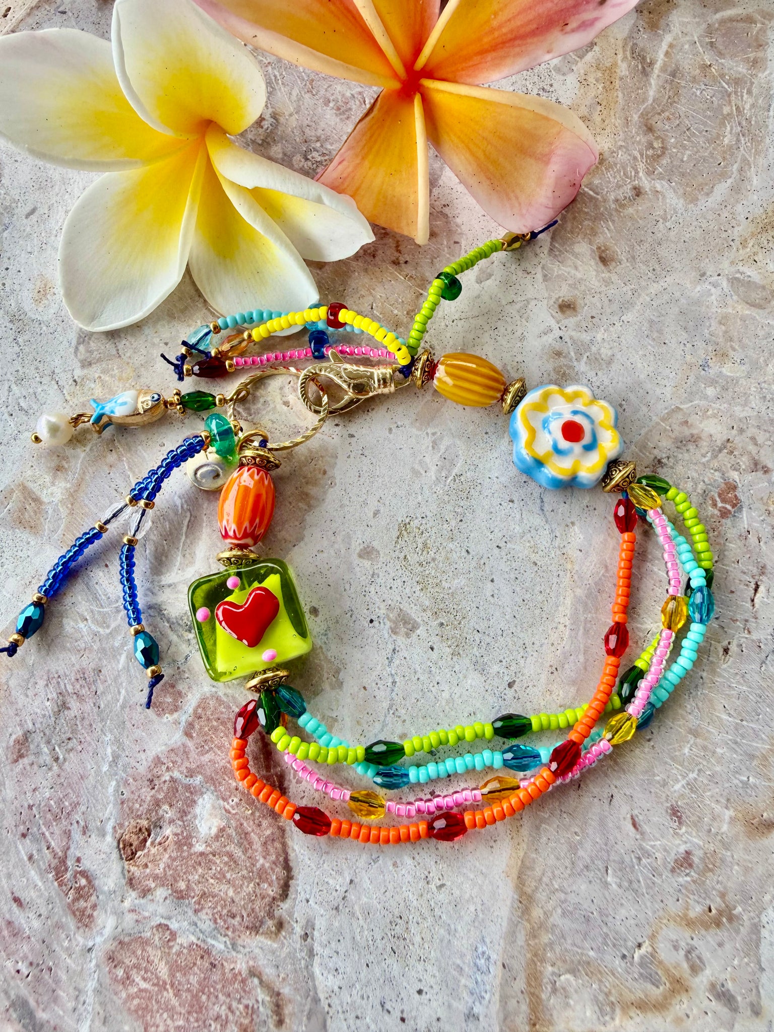 Hippy Seed Bead Flower Charm Bracelet