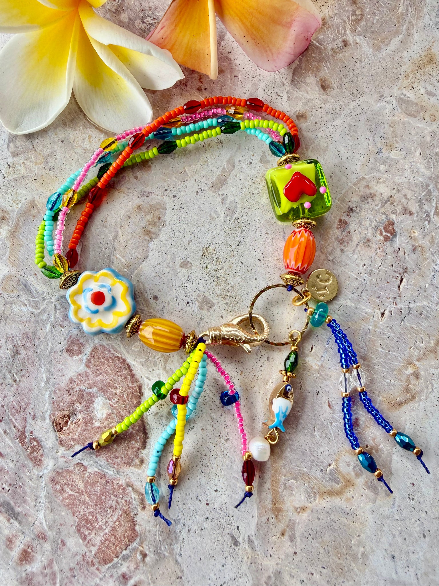 Hippy Seed Bead Flower Charm Bracelet