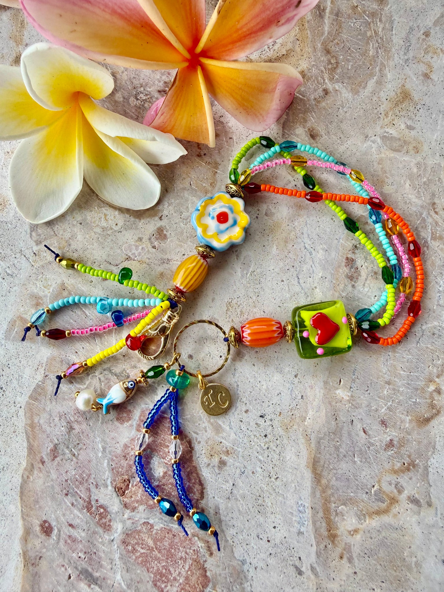 Hippy Seed Bead Flower Charm Bracelet
