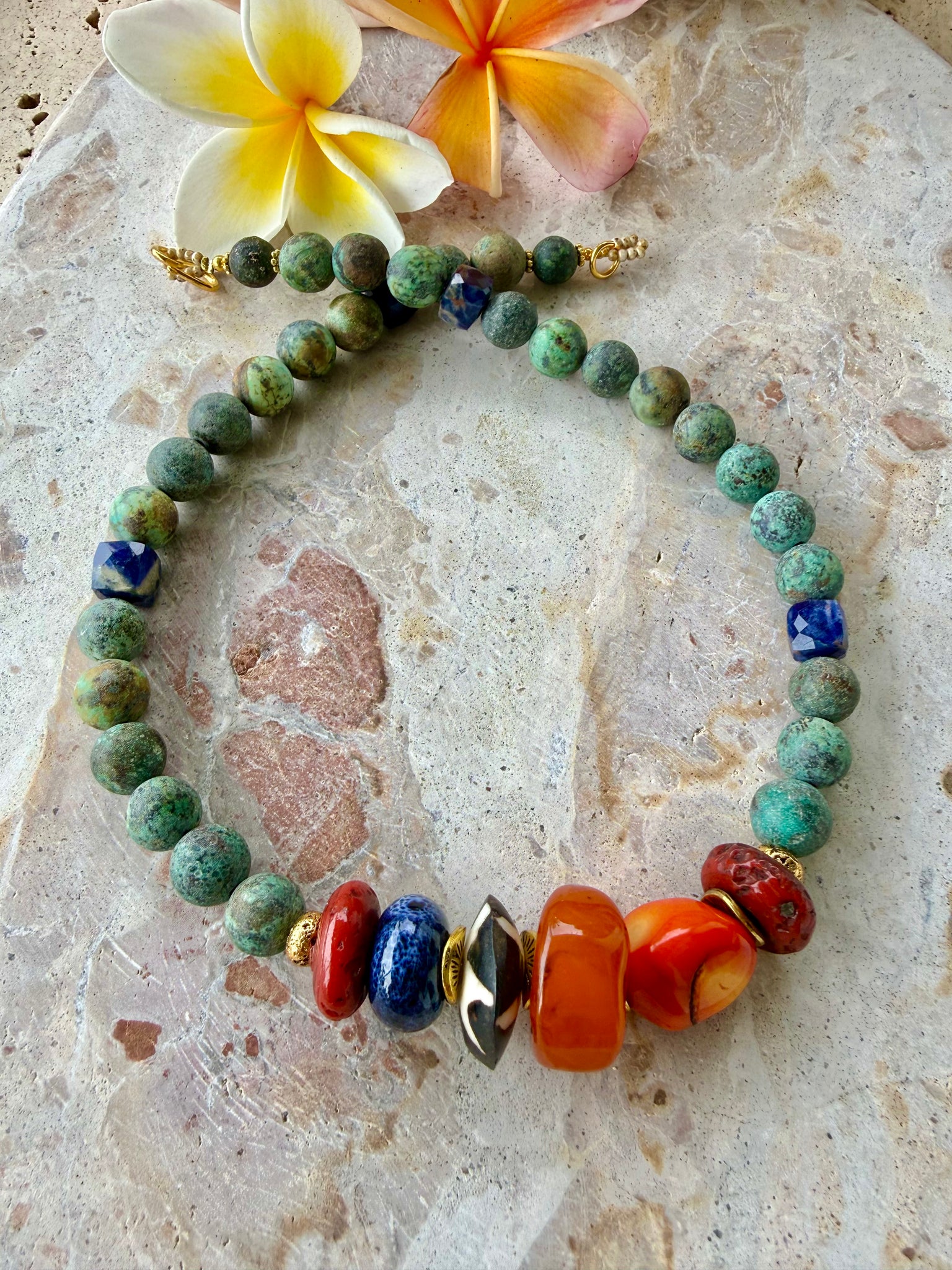 Turquoise Stone Red Coral Shell Necklace