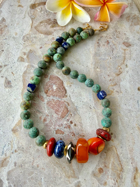 Turquoise Stone Red Coral Shell Necklace