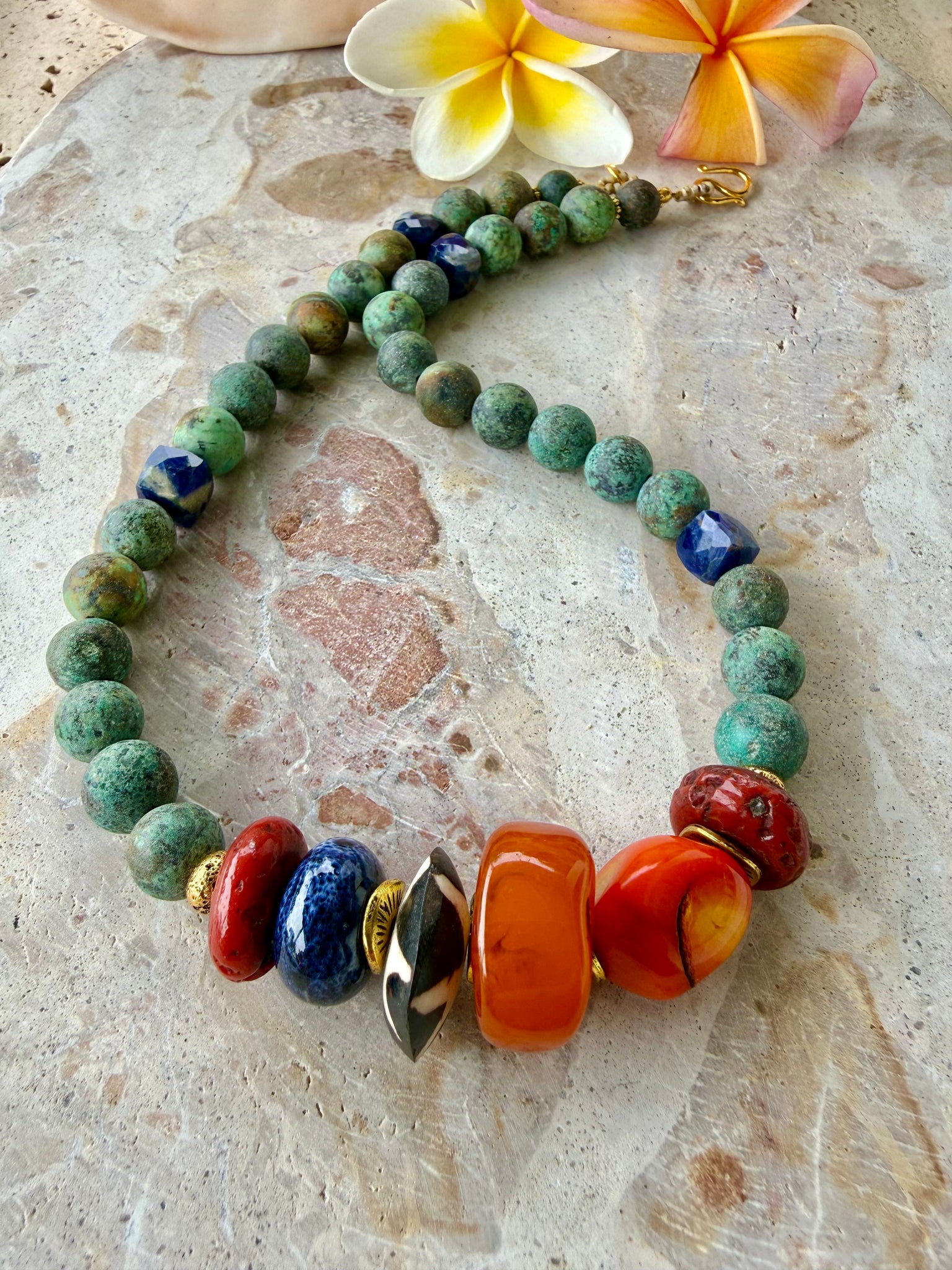 Turquoise Stone Red Coral Shell Necklace