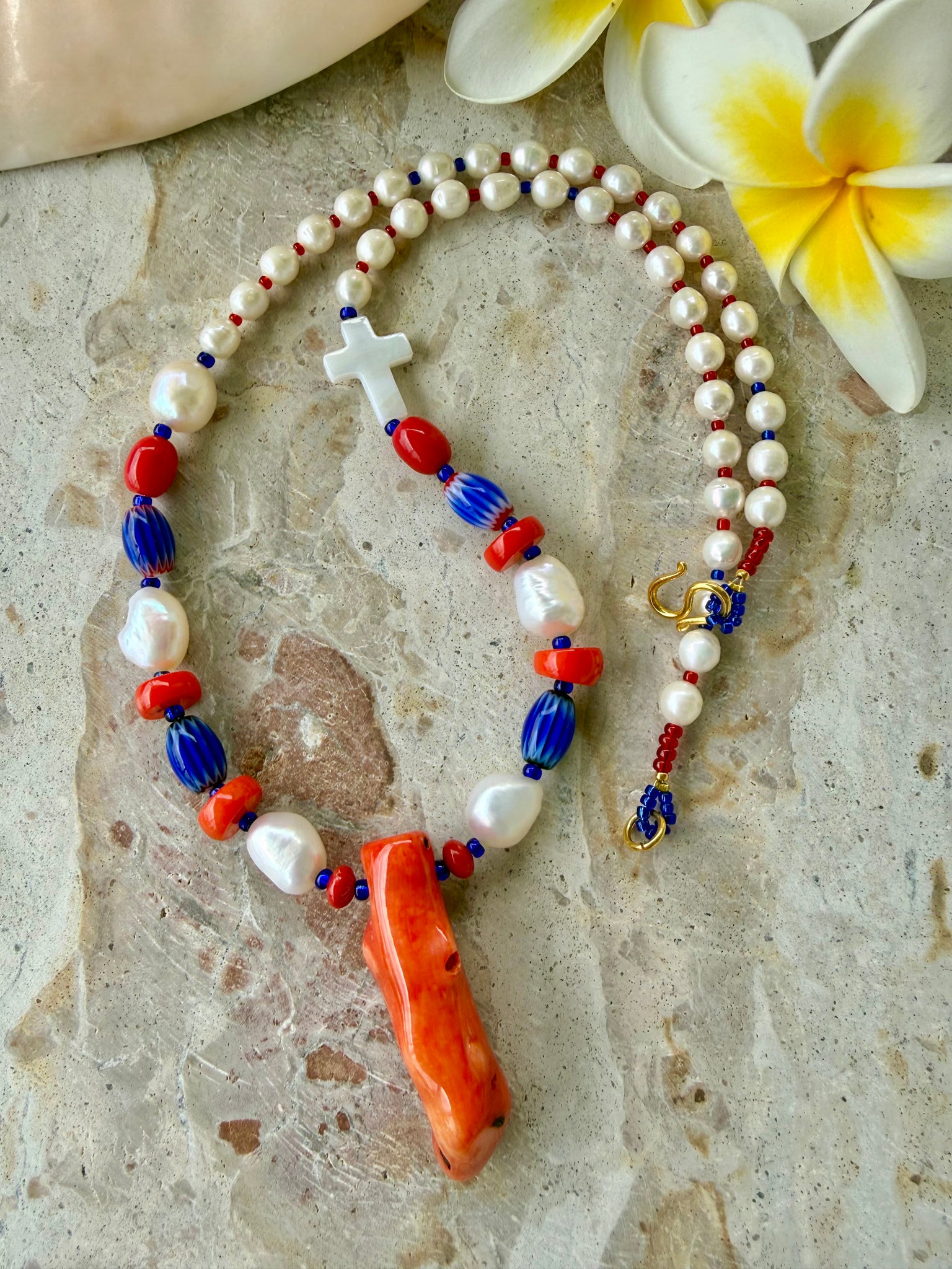 Red Coral Beaded Pearl Necklace