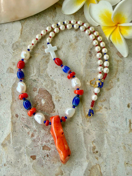 Red Coral Beaded Pearl Necklace