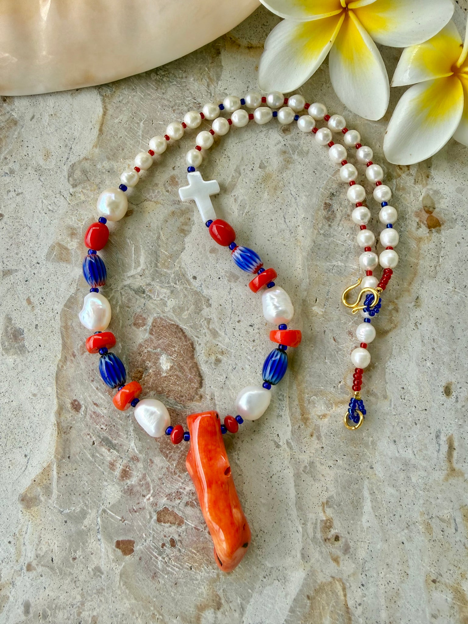 Red Coral Beaded Pearl Necklace