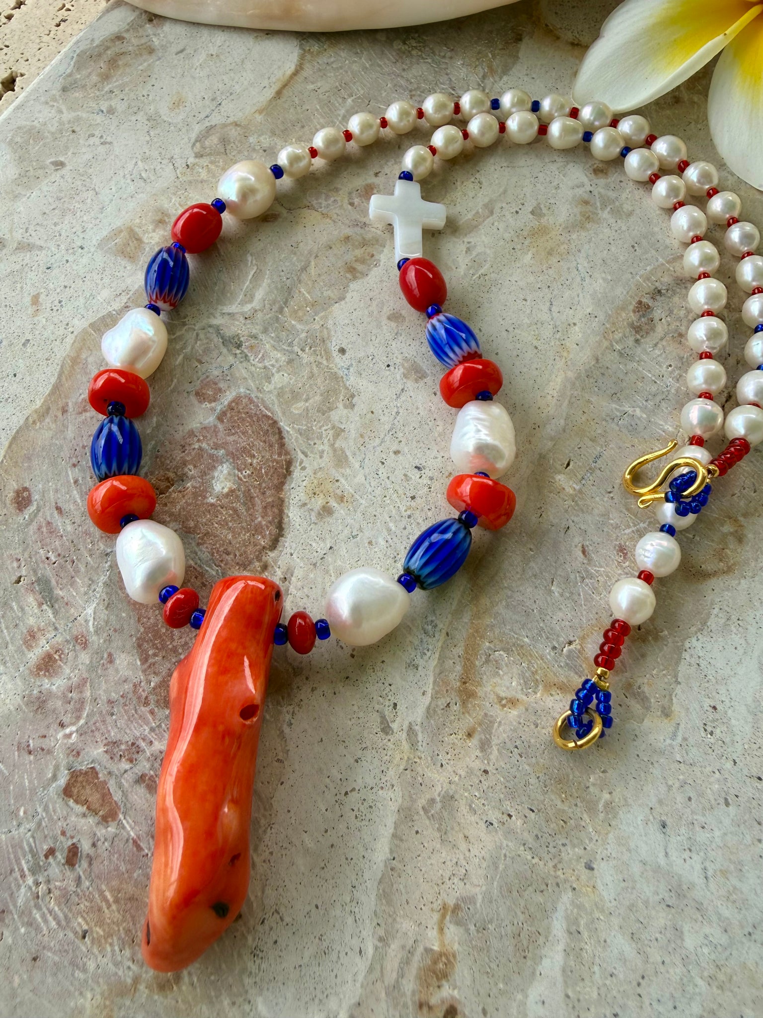 Red Coral Beaded Pearl Necklace