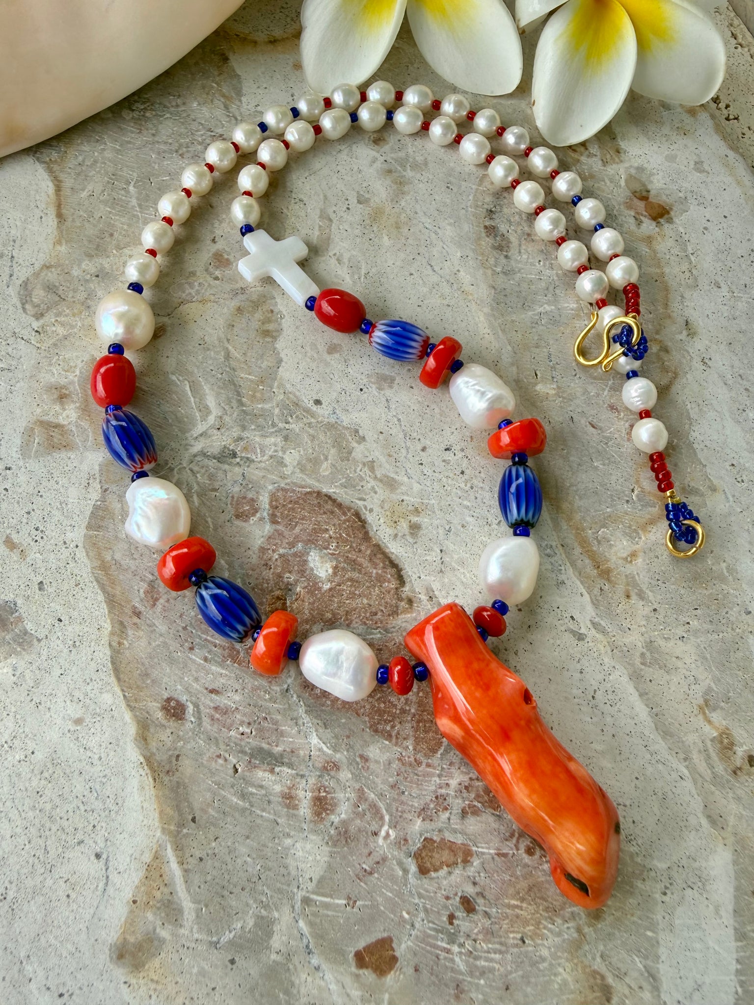 Red Coral Beaded Pearl Necklace