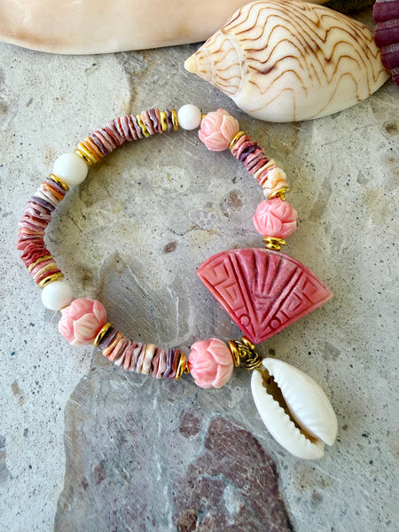 Sun-kissed Coral Cowrie Shell Bracelet