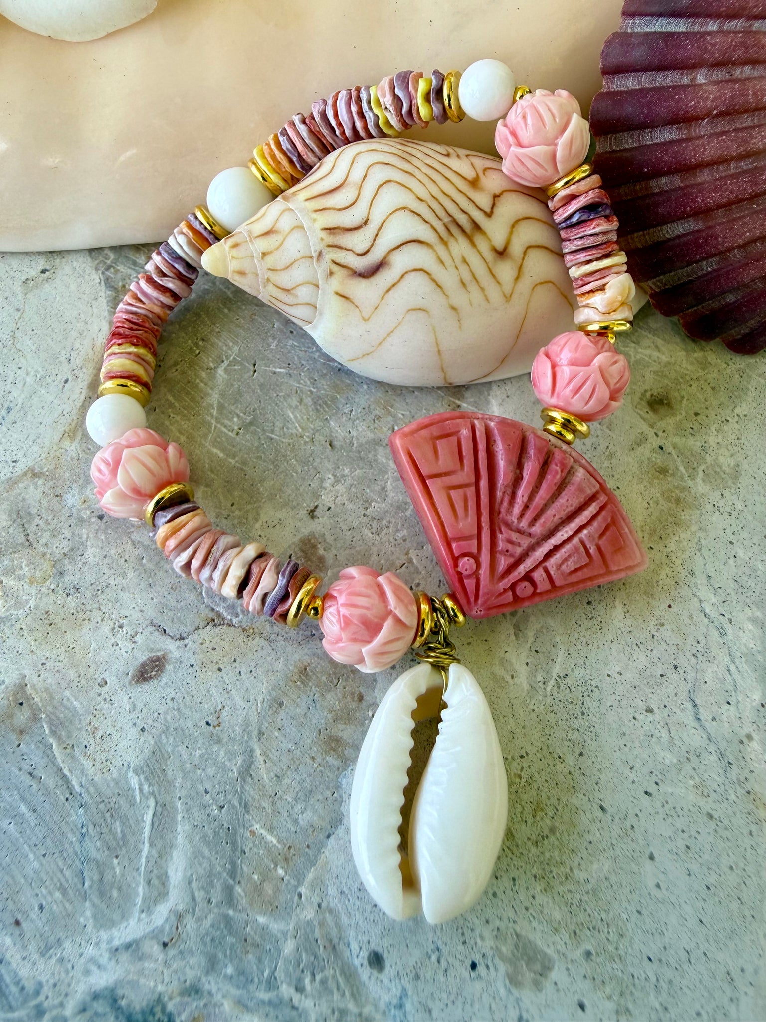 Sun-kissed Coral Cowrie Shell Bracelet