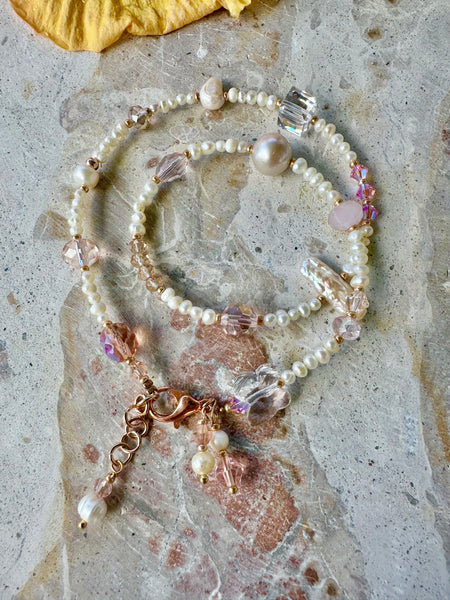 Pink Crystal Pearl Wrap Bracelet