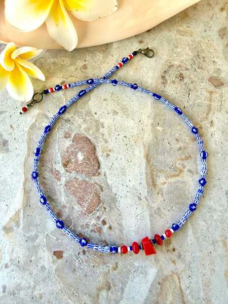 Coral Island Blue Seed Bead Necklace