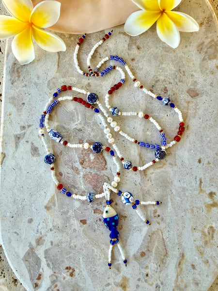 Boho Coastal Seed Bead Fish Charm Necklace