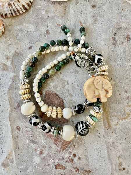 Elephant Beaded Turquoise Stone Wrap Bracelet
