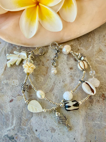 Silver Seed Bead Shell Boho Bracelet