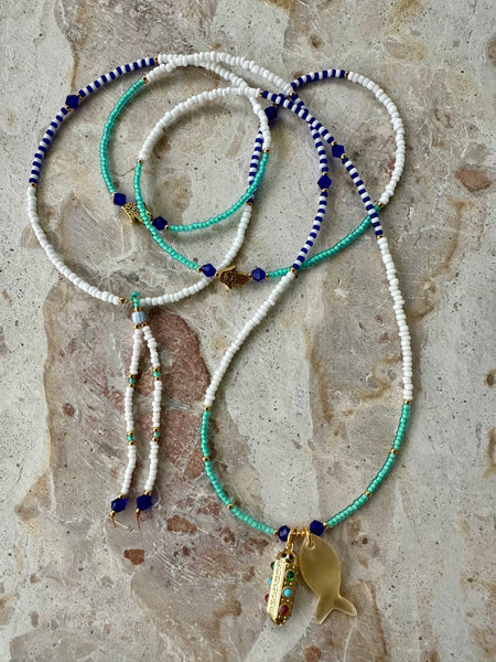 Greek Coastal Fish Charm Seed Bead  Necklace