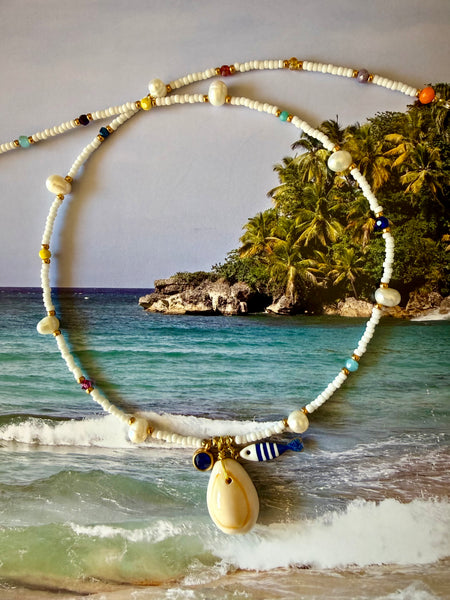 Beach Seed Bead Cowrie Shell Necklace