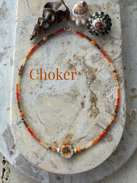 Orange Flower Seed Bead Choker - Necklace