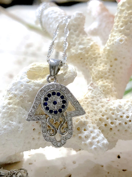 Cubic Zirconia Hasma Hand Evil Eye Sterling Silver Necklace