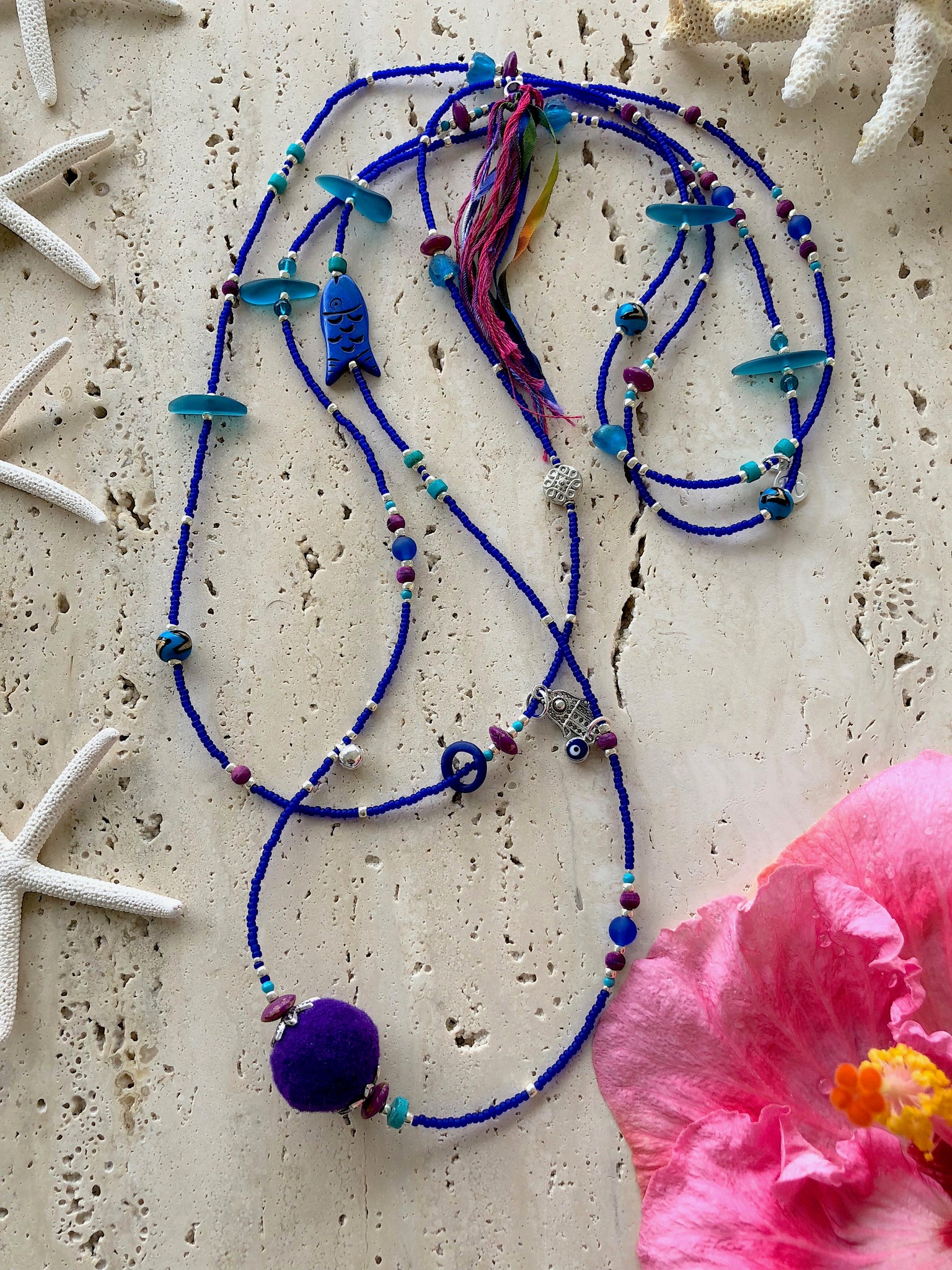 Blue Seed Bead Layered Pompom Boho Necklace