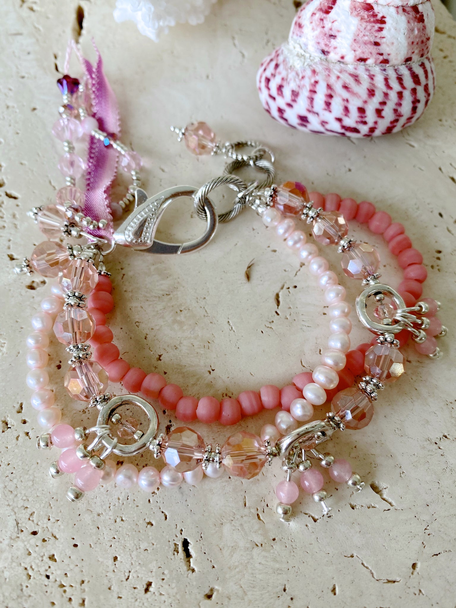 Pink Crystal Coral Pearl Wedding Beach Costume Pretty Bracelet