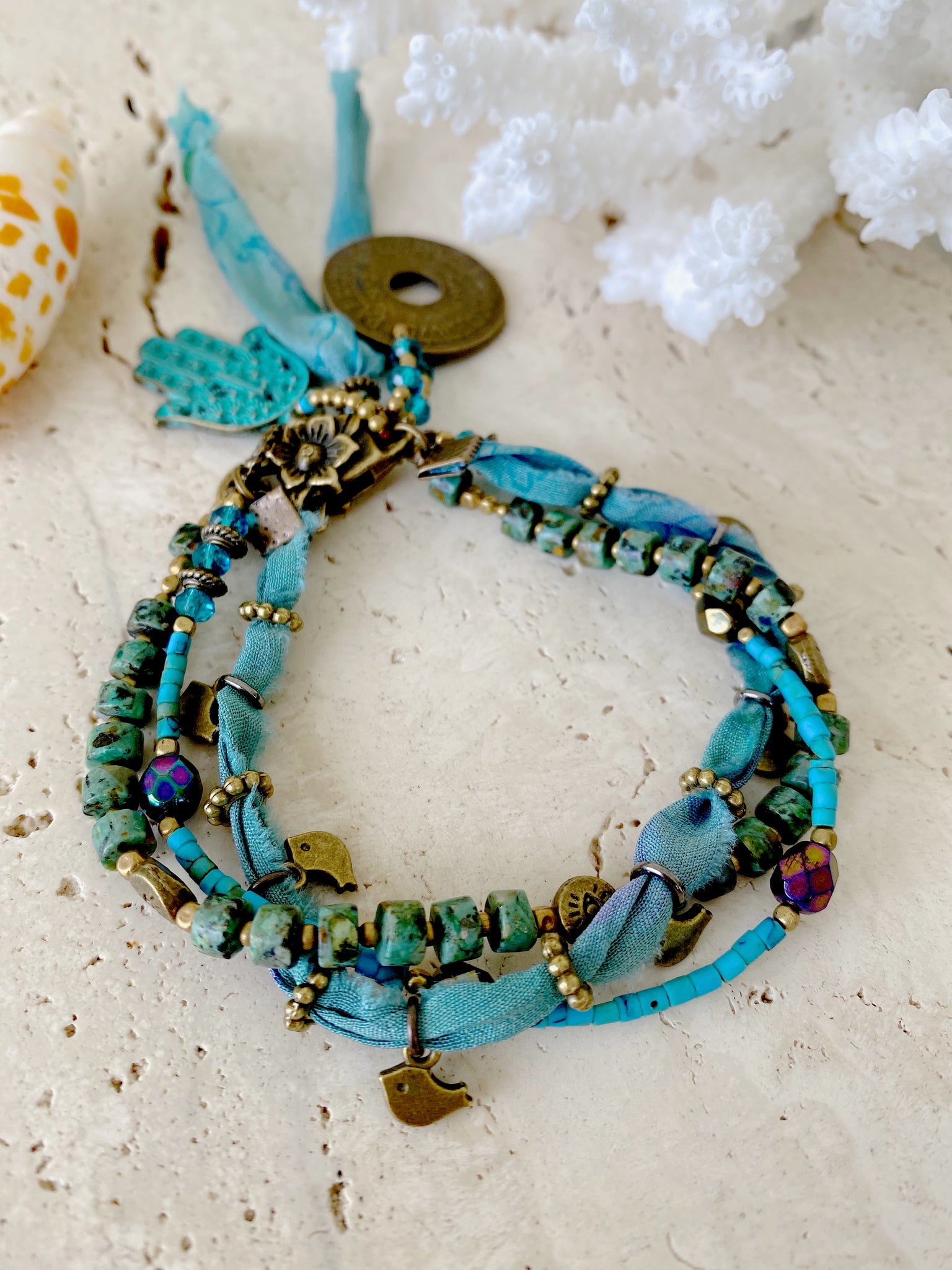 Sari Silk Turquoise Gemstone Layered Bohemian Bracelet