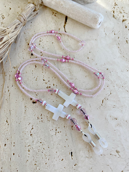 Mother Of Pearl Cross Seed Bead Glass Chains