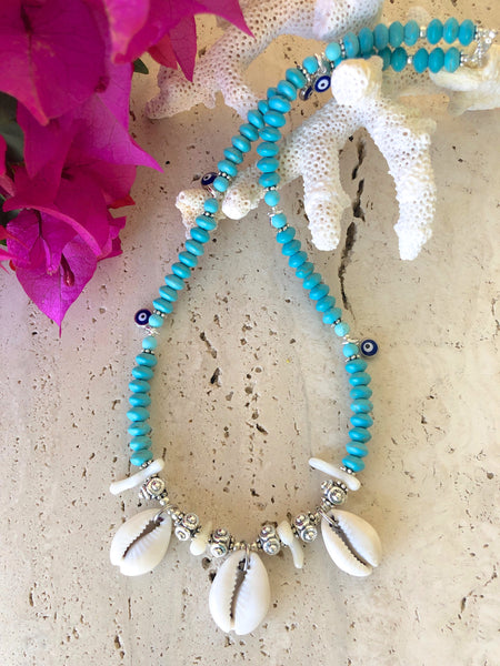 Cowrie Shell Turquoise Gemstone Evil Eye Necklace