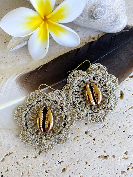 Crochet Flower Cowrie Shell Earrings