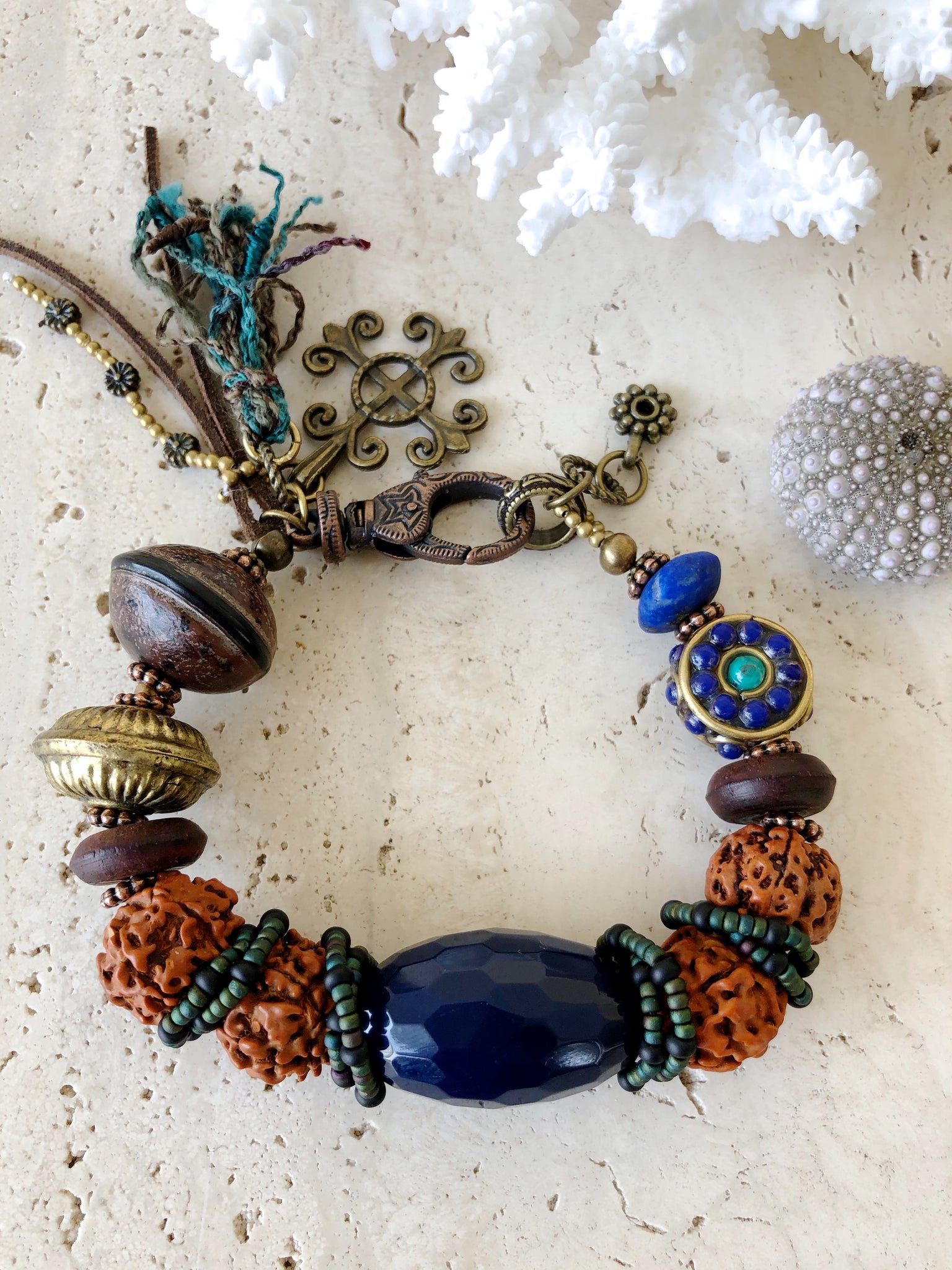 Rudraksha Pray Beads Lapis Gemstone Indian Vintage Beads Bracelet