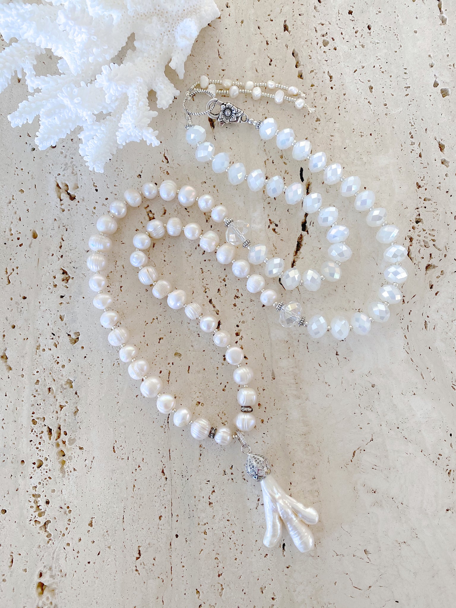 Long White Pearl & Crystal Necklace